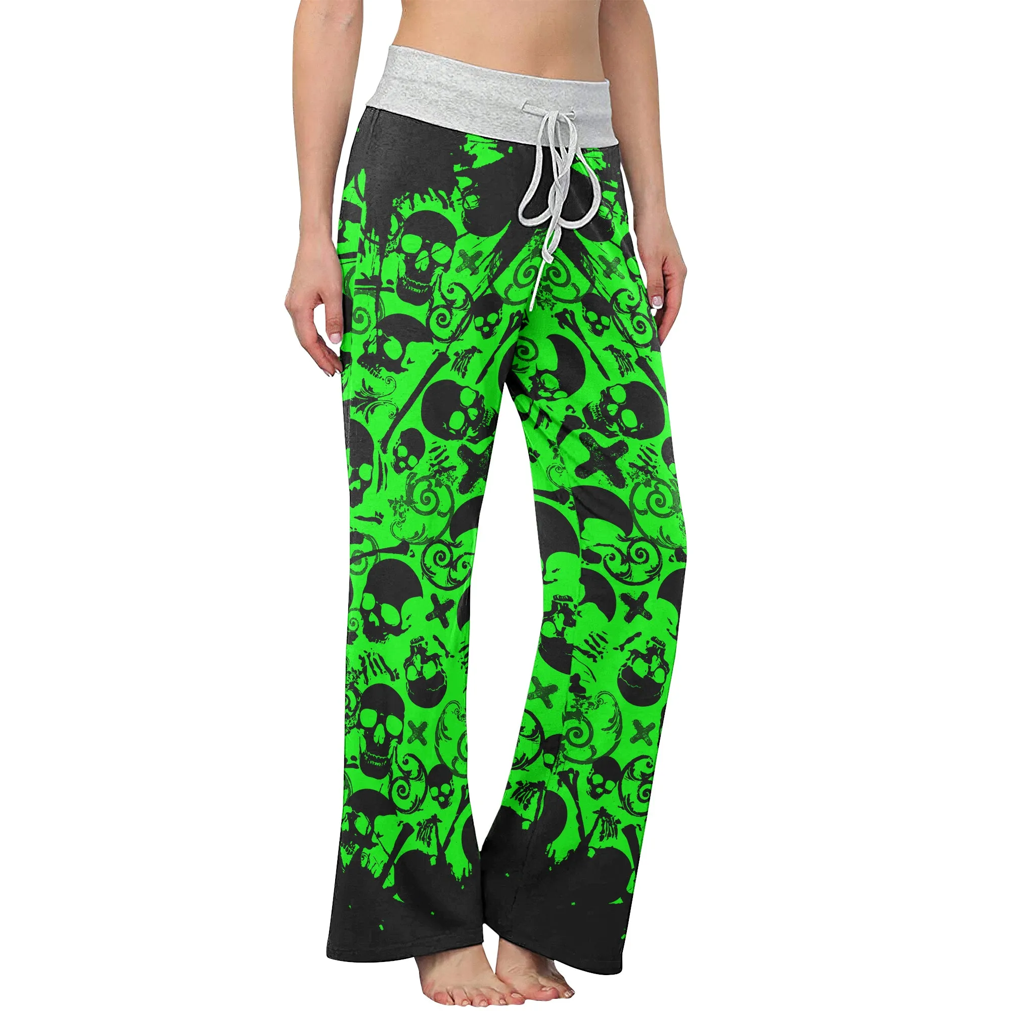 Black Green Skull Pattern Women's High-waisted Wide Leg Pants