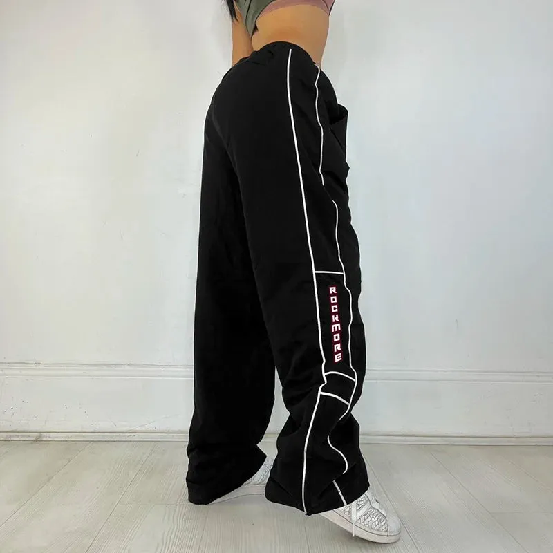 Harajuku Sporty Stripe Letter Baggy Pants Female Casual Low Waist Drawstring Tech Trousers Hip Hop Street Style Capri