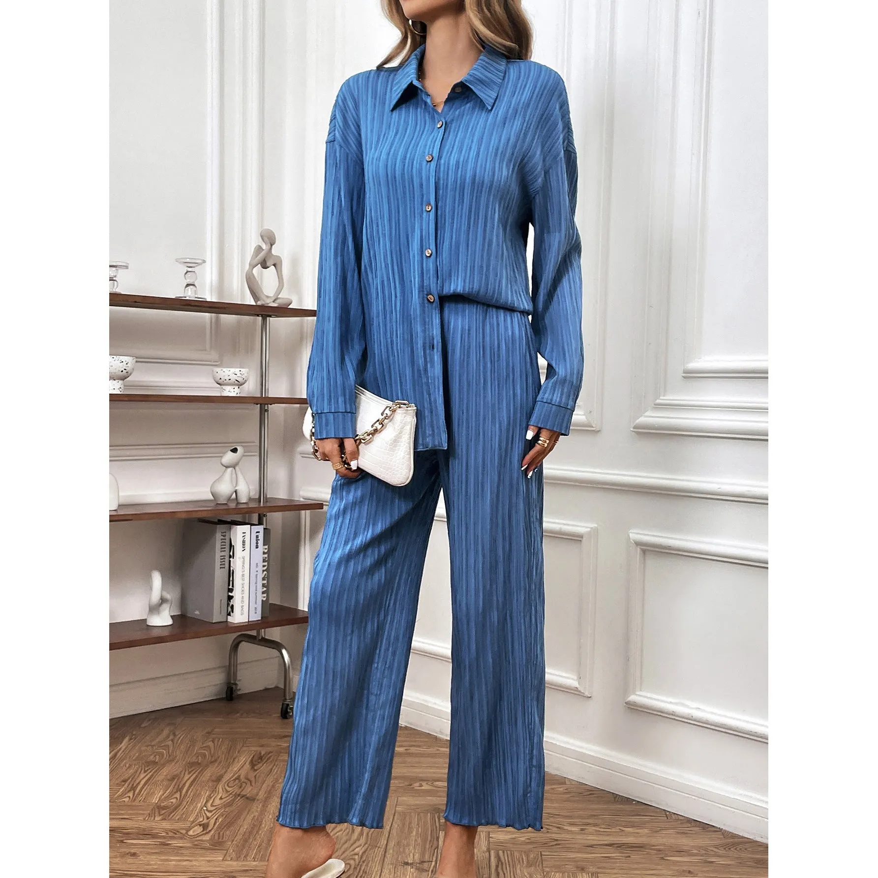 Nsquared Button Shirt Solid Color Straight-leg Pants Two Pieces